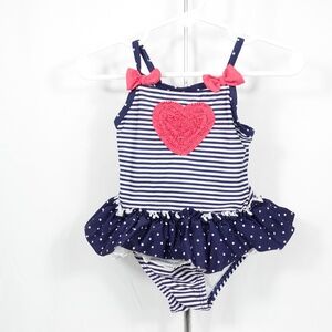Baby Girl Navy White Stripes Polka Dot Pink Heart Bows Swimsuit